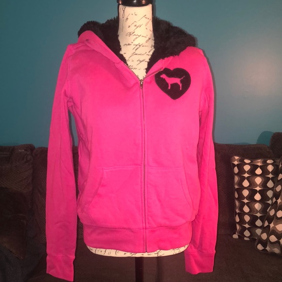 PINK Victoria's Secret Jackets & Blazers - Victoria’s Secret Pink Fur Lined Zip Up Hoodie, Large